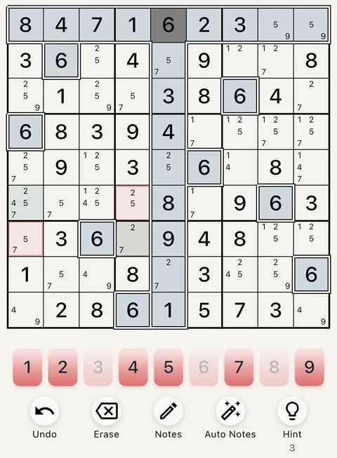 The Seafoam theme in light mode: a Sudoku board, the number buttons and the Undo, Erase, Notes, Auto Notes and Hint buttons.