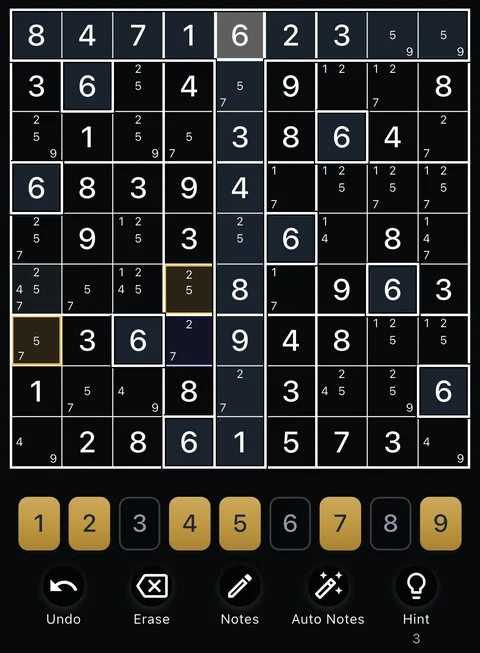 The Slate theme in dark mode: a Sudoku board, the number buttons and the Undo, Erase, Notes, Auto Notes and Hint buttons.