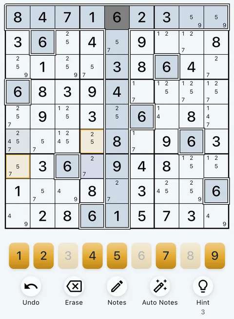 The Slate theme in light mode: a Sudoku board, the number buttons and the Undo, Erase, Notes, Auto Notes and Hint buttons.