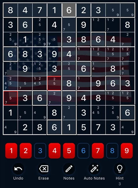 The USA theme in dark mode: a Sudoku board, the number buttons and the Undo, Erase, Notes, Auto Notes and Hint buttons.