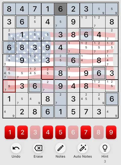The USA theme in light mode: a Sudoku board, the number buttons and the Undo, Erase, Notes, Auto Notes and Hint buttons.
