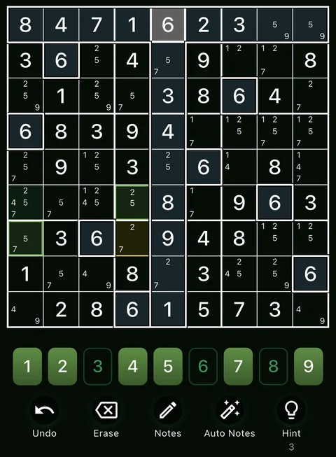 The Verdant theme in dark mode: a Sudoku board, the number buttons and the Undo, Erase, Notes, Auto Notes and Hint buttons.