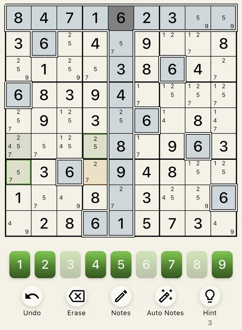 The Verdant theme in light mode: a Sudoku board, the number buttons and the Undo, Erase, Notes, Auto Notes and Hint buttons.